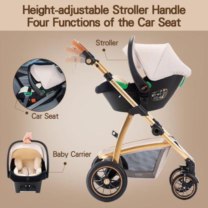 Gcarebb 3-in-1 Travel System Pram for Newborns – Beige