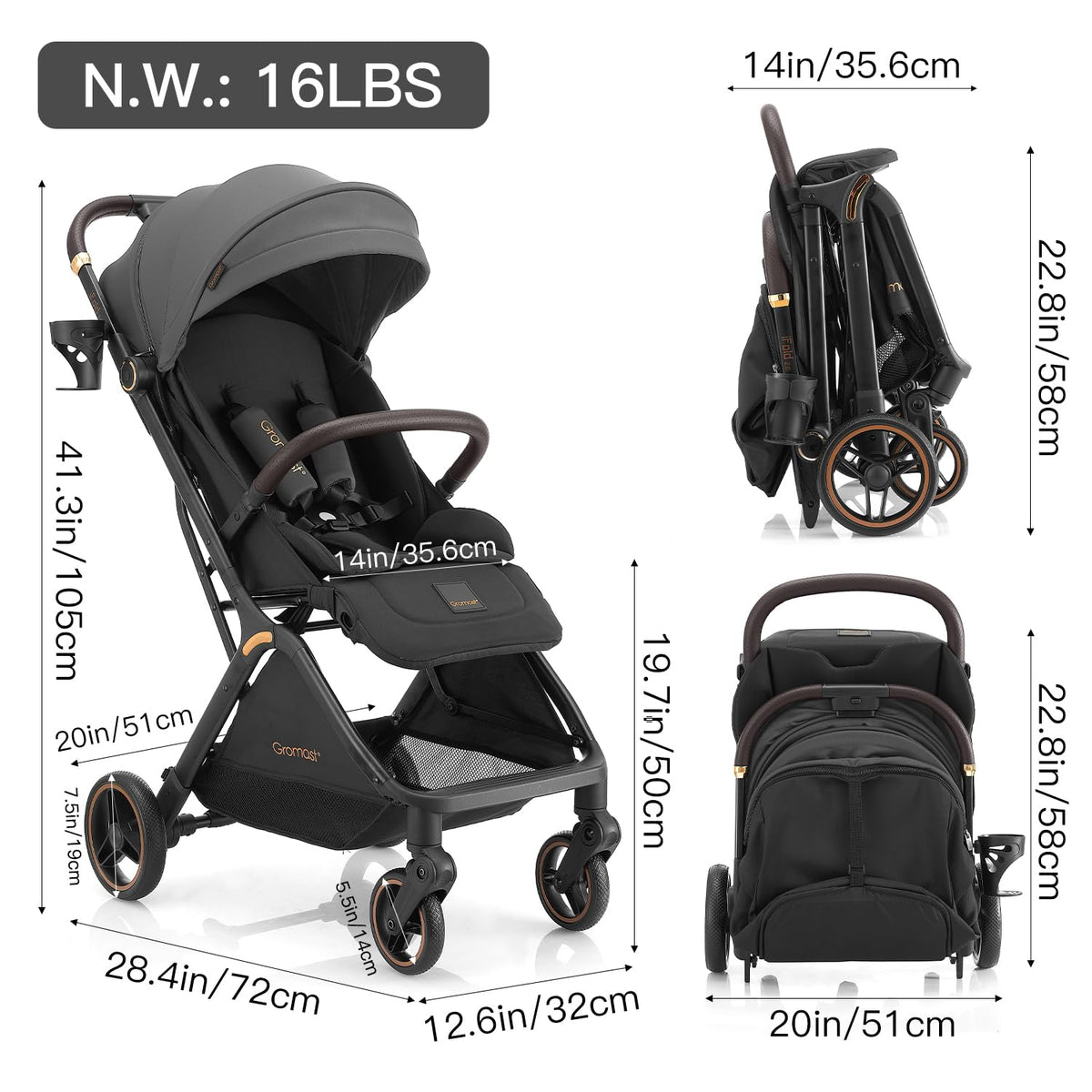 Gromast Auto-Fold Compact Baby Travel Stroller – Dark Gray