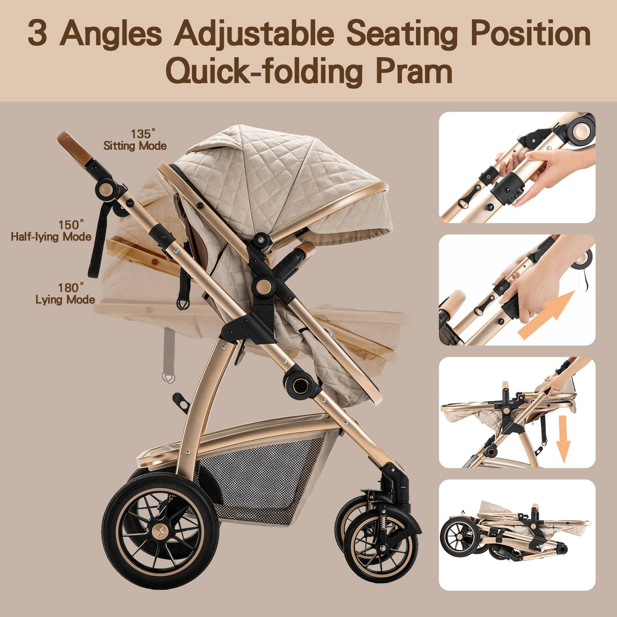 Gcarebb 3-in-1 Travel System Pram for Newborns – Beige