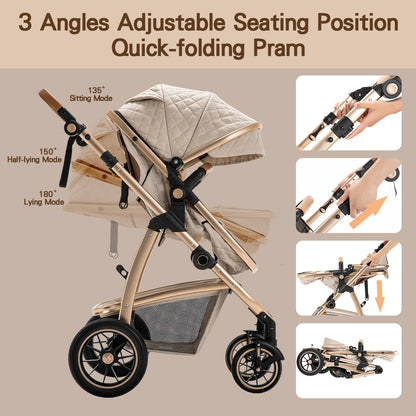 Gcarebb 3-in-1 Travel System Pram for Newborns – Beige