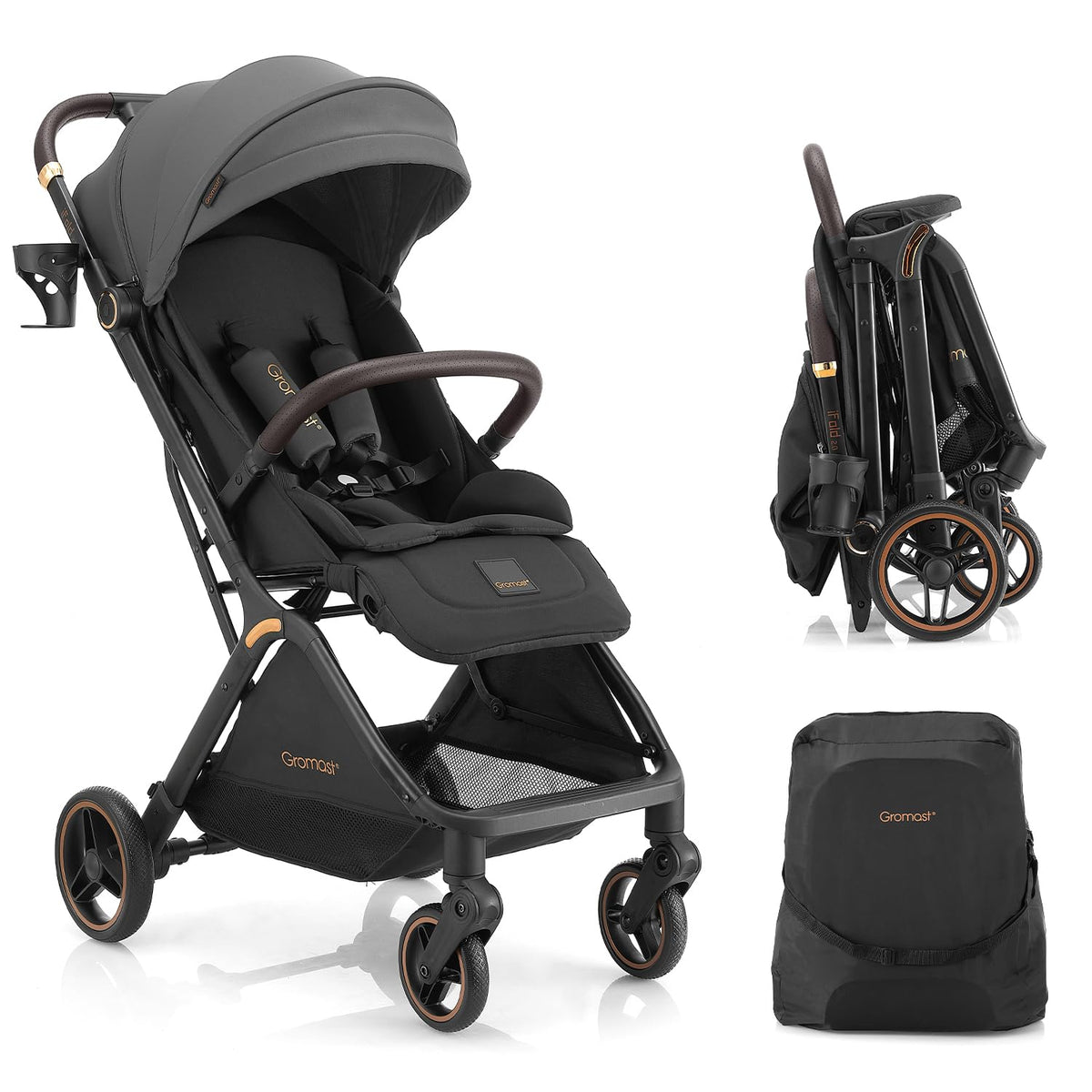 Gromast Auto-Fold Compact Baby Travel Stroller – Dark Gray