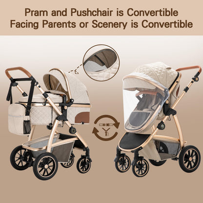 Gcarebb 3-in-1 Travel System Pram for Newborns – Beige