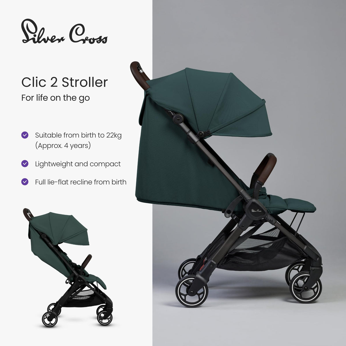 Silver Cross Clic 2 Compact Stroller & Travel Bag | Conifer