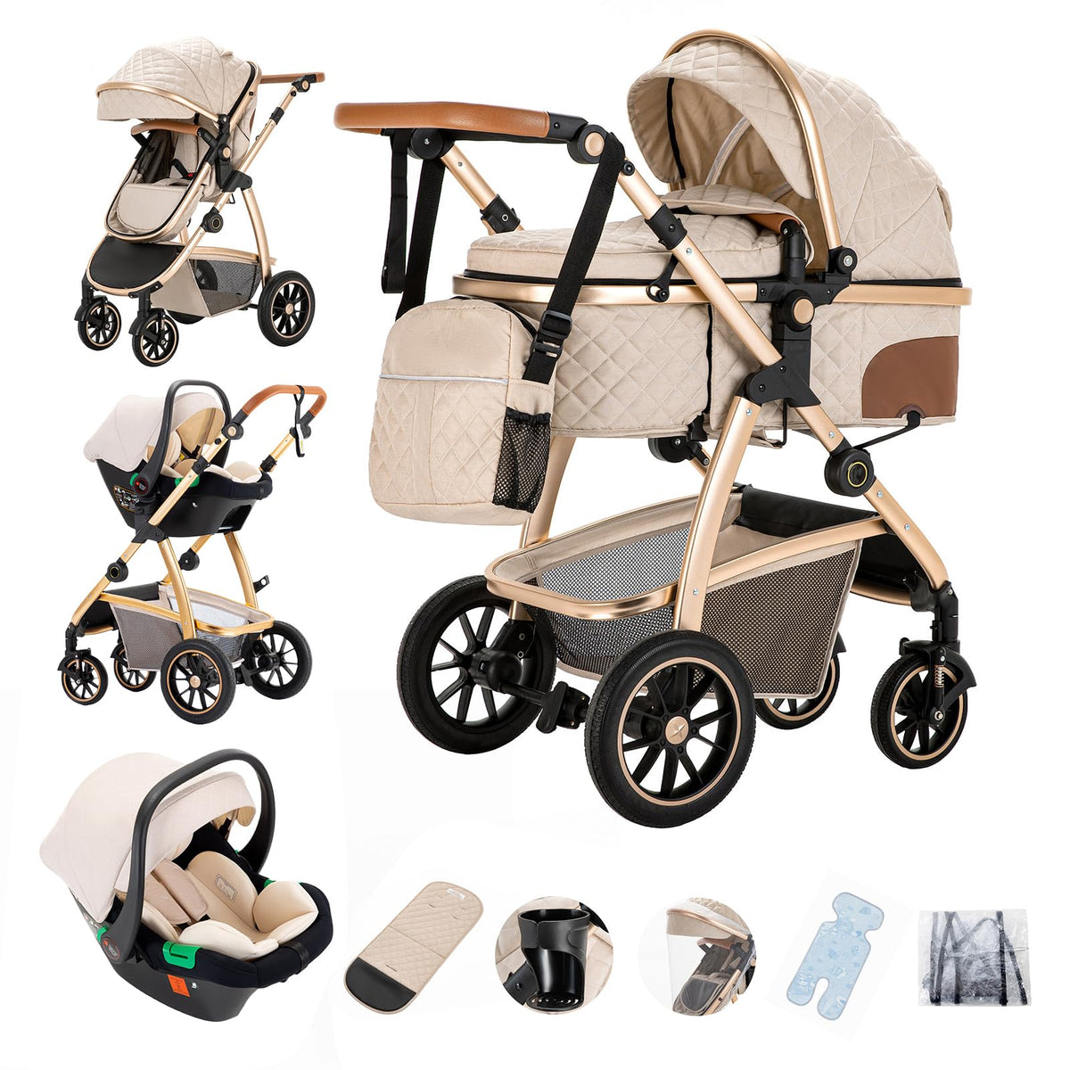 Gcarebb 3-in-1 Travel System Pram for Newborns – Beige